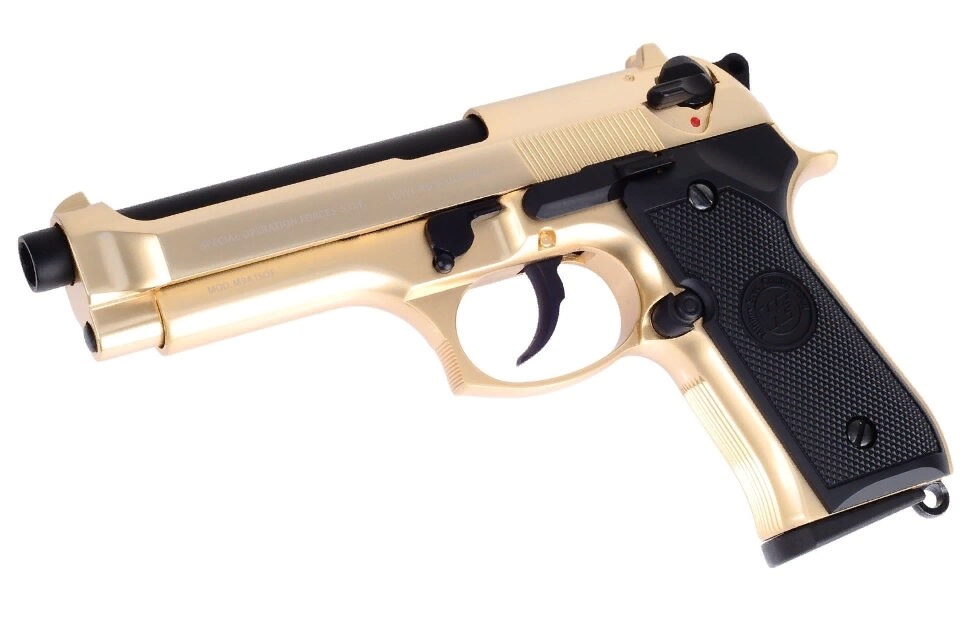 Пистолет страйкбольный (WE) BERETTA M92F позолоченный, металл, WE-M004