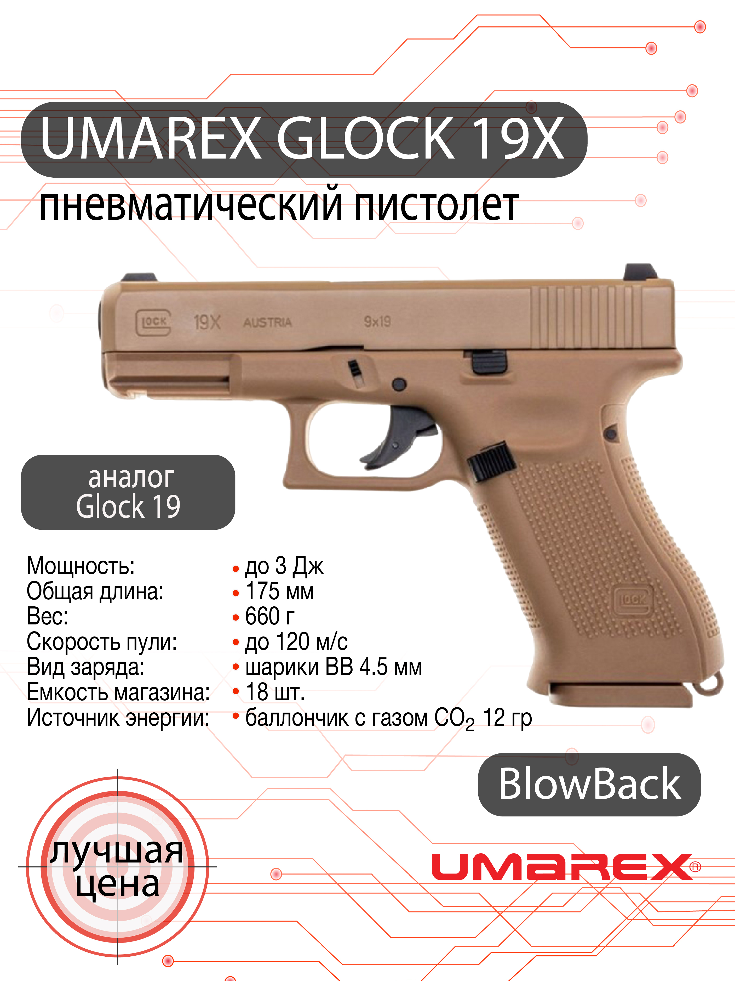 Пистолет пневматический Umarex Glock 19X (TAN, BlowBack)
