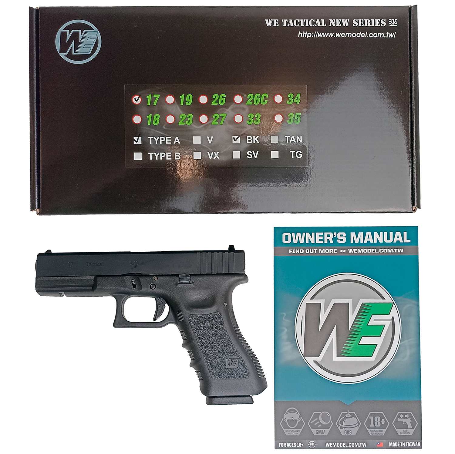 Пистолет страйкбольный (WE) Glock-17 gen3, металл слайд, WE-G001A-BK / GP616
