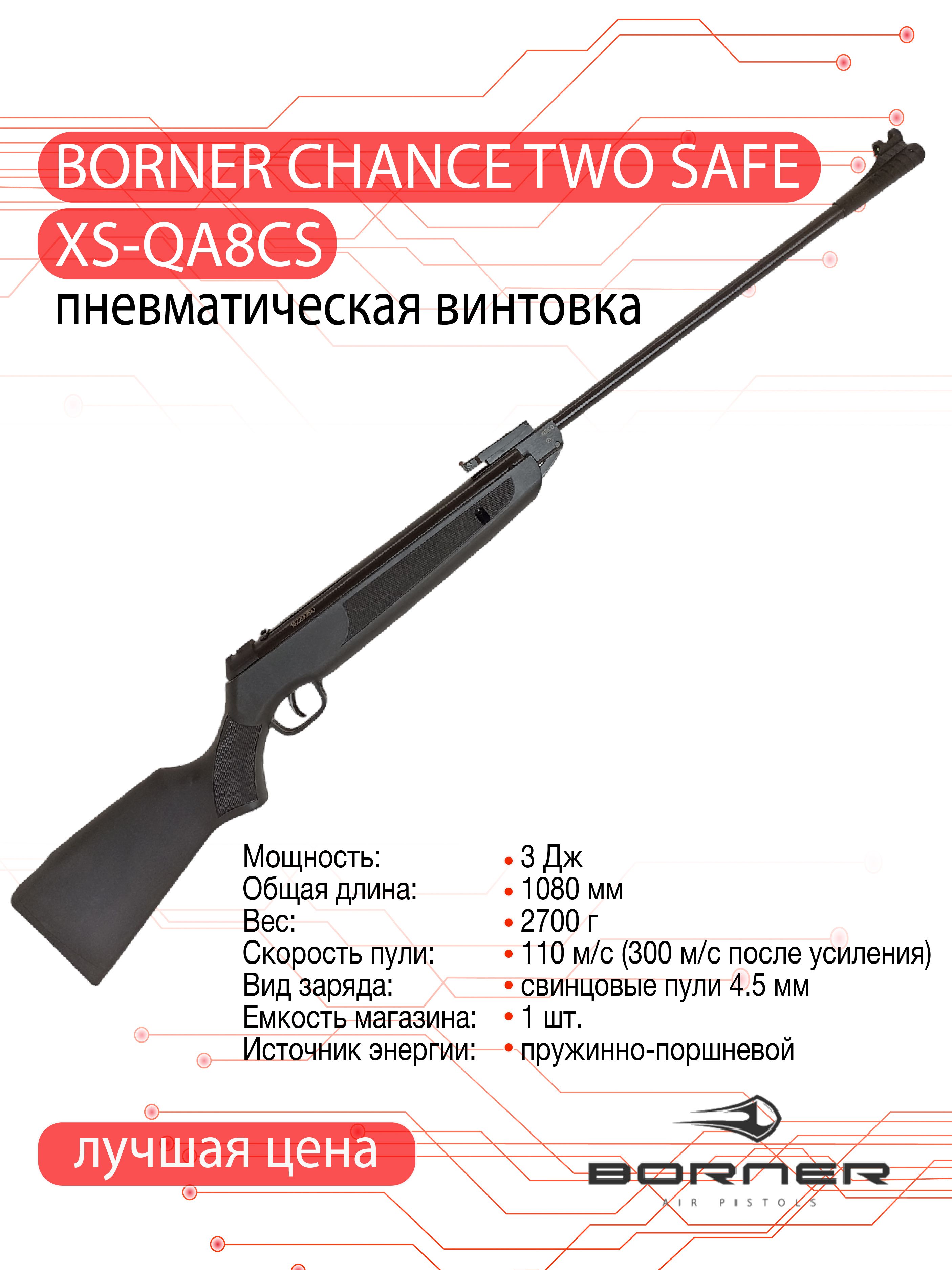 Винтовка пневматическая Borner Chance Two Safe (пластик, Black, XS-QA8CS) кал. 4.5 мм, 3 Дж.