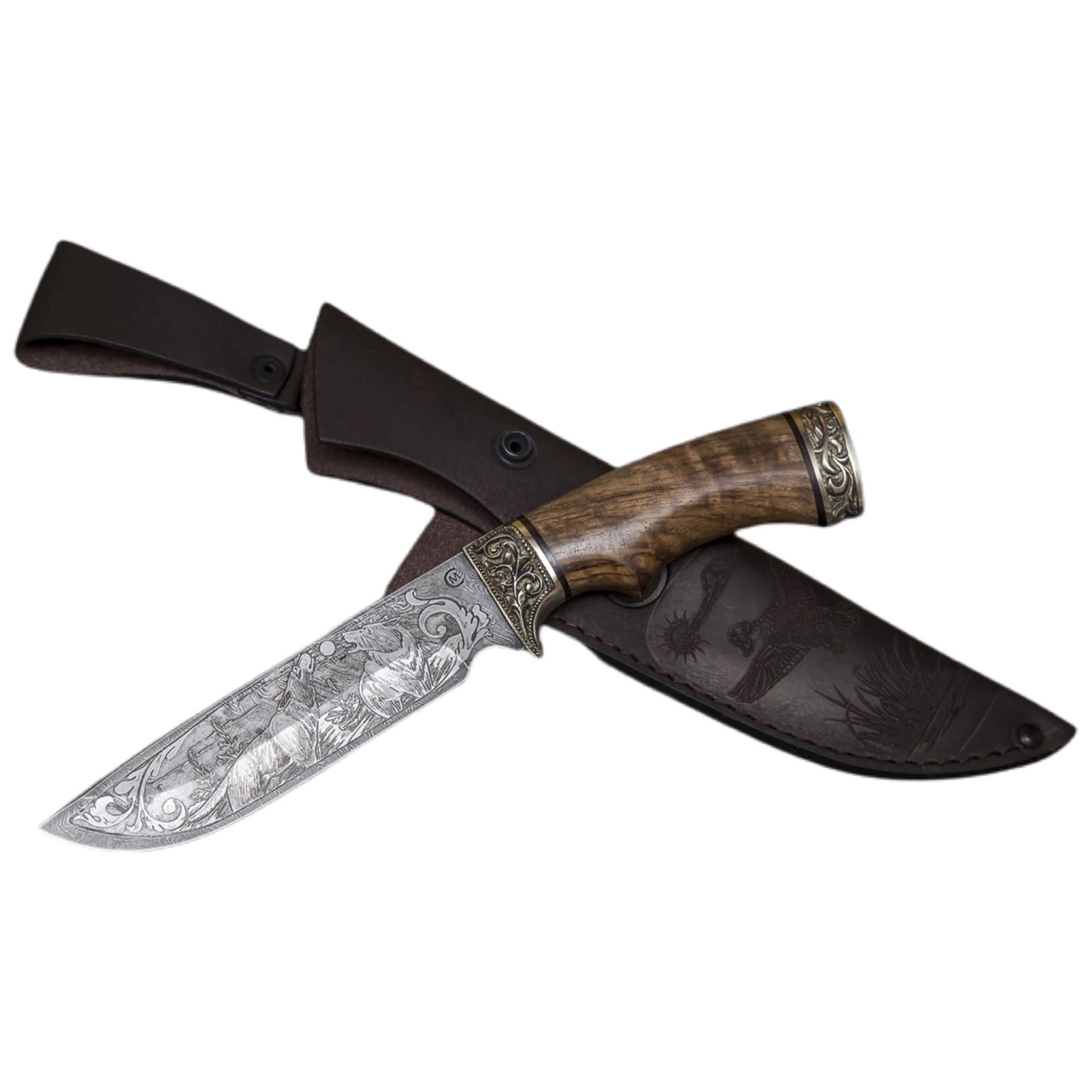 Нож "Лорд" дамасская сталь, литье, орех (кап), гравировка, Семина