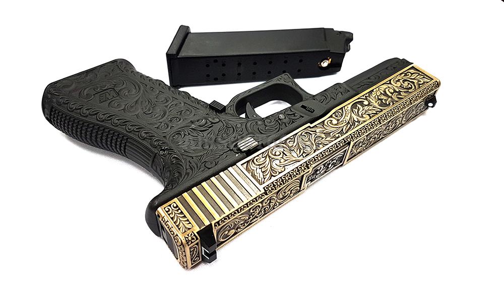 Пистолет страйкбольный (WE) Glock-34 gen3, металл слайд, под бронзу с гравировкой WE-G008BOX-BR