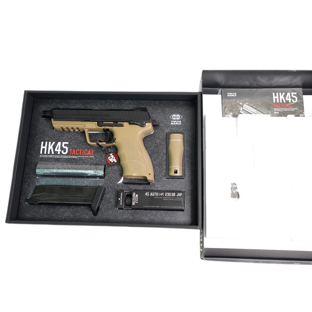 Пистолет страйкбольный (Tokyo marui) HK45 Tactical GBB, черный/тан, модератор 142764