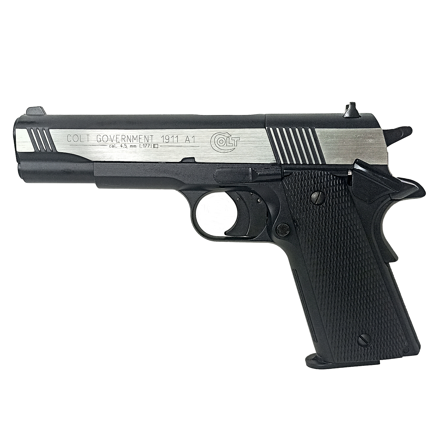 Пистолет пневматический Umarex Colt Government 1911 A1 (хром с чёрными пластиковыми накладками)