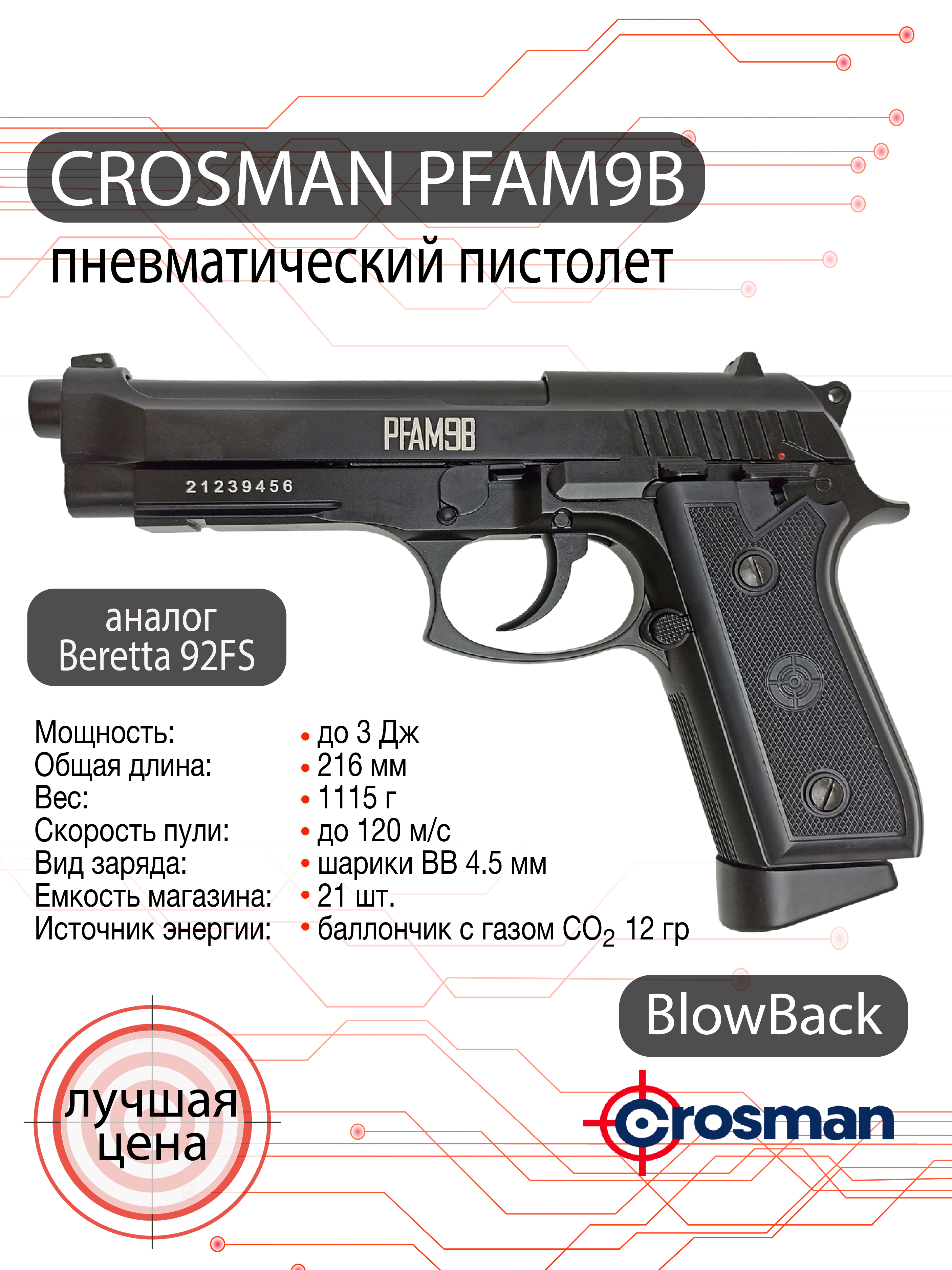 Пневматический пистолет Crosman PFAM9B (beretta) 4,5 мм