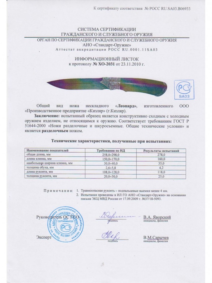 Нож Кизляр "Леопард" Х12МФ артикул 061131