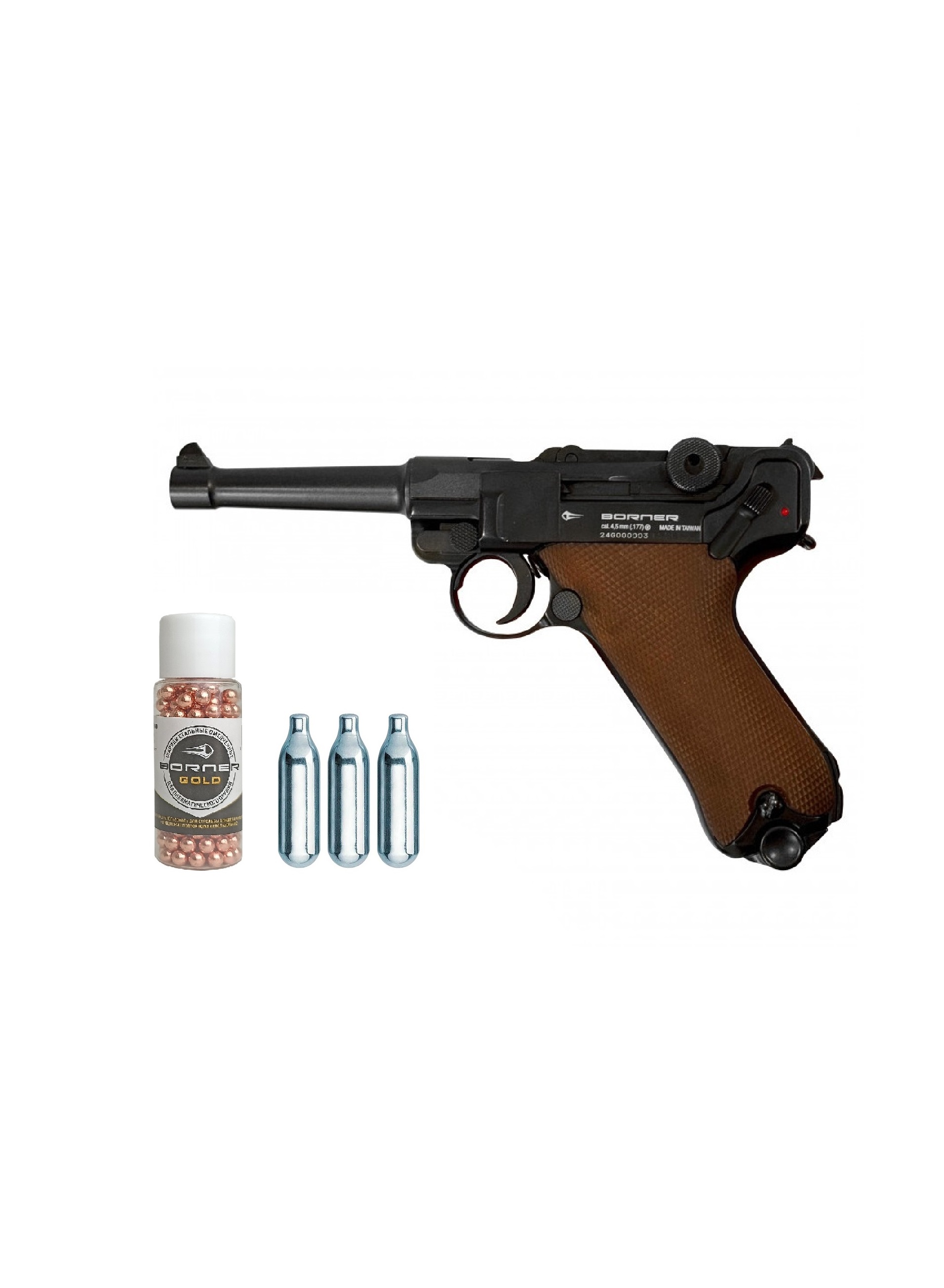 Пистолет пневматический BORNER P08 Blowback (баллончики 3 шт + шарики 250 шт)