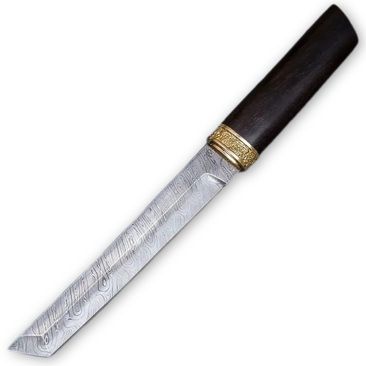 Нож Семина "Танто", дамасская сталь, черное дерево, литье, деревянные ножны
