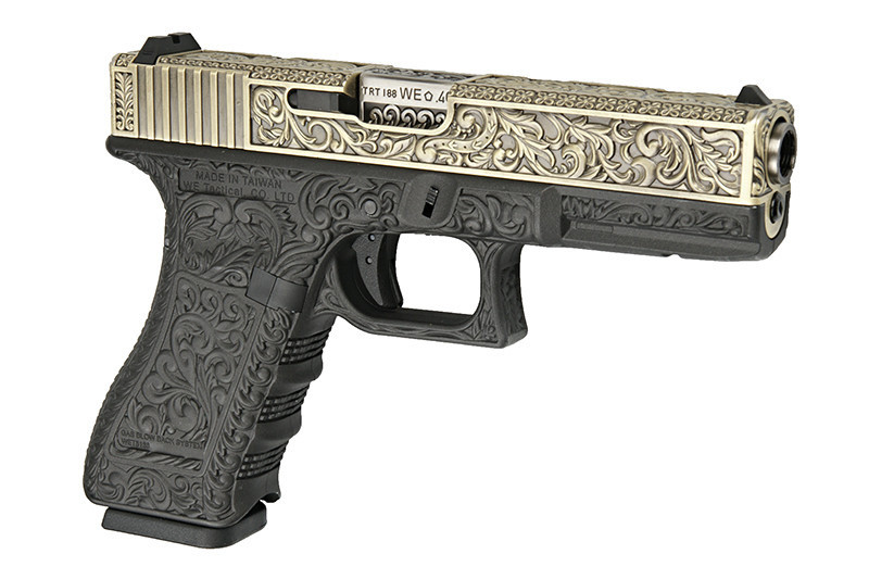 Пистолет страйкбольный (WE) Glock-17 gen3, металл слайд, под бронзу с гравировкой WE-G001BOX-IV