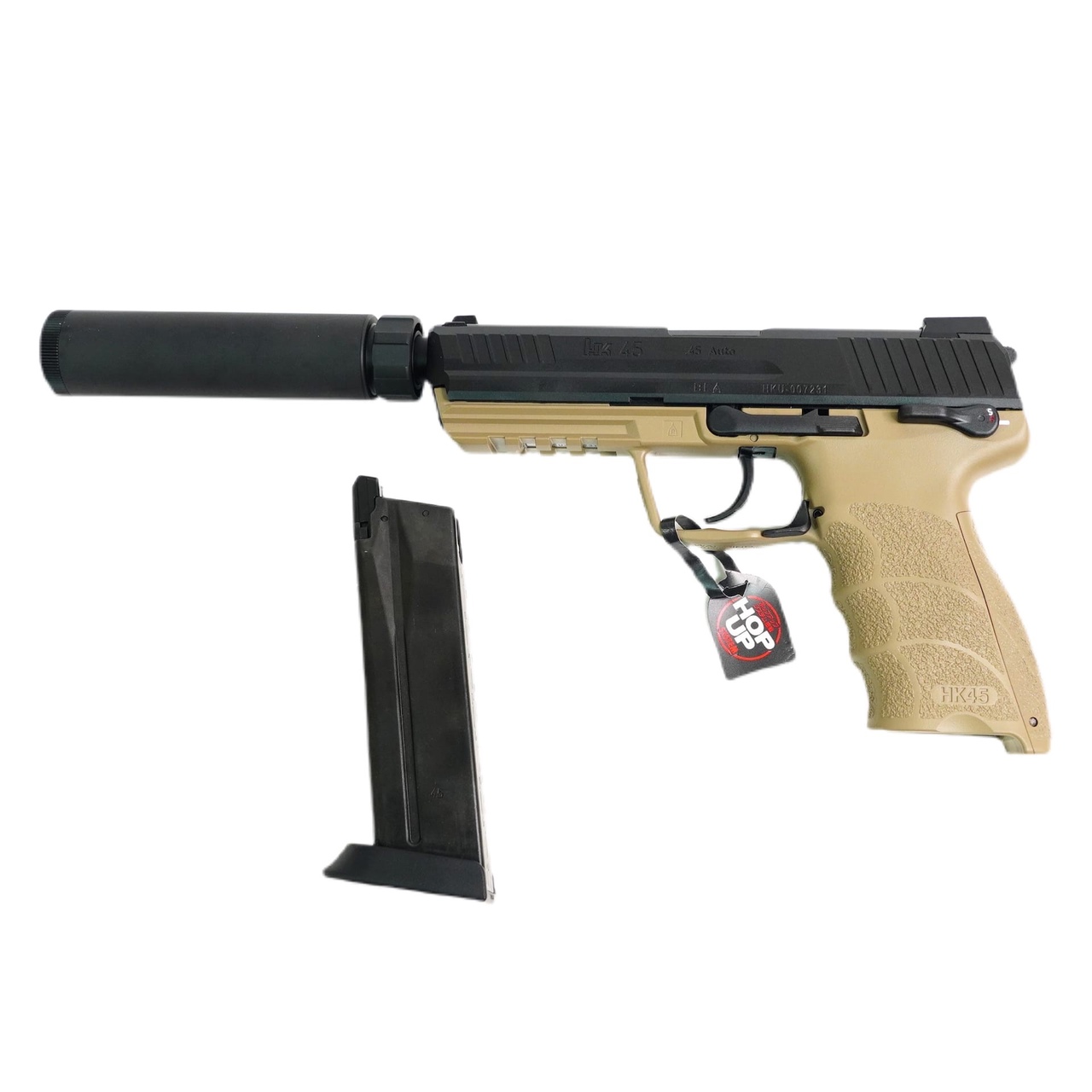 Пистолет страйкбольный (Tokyo marui) HK45 Tactical GBB, черный/тан, модератор 142764