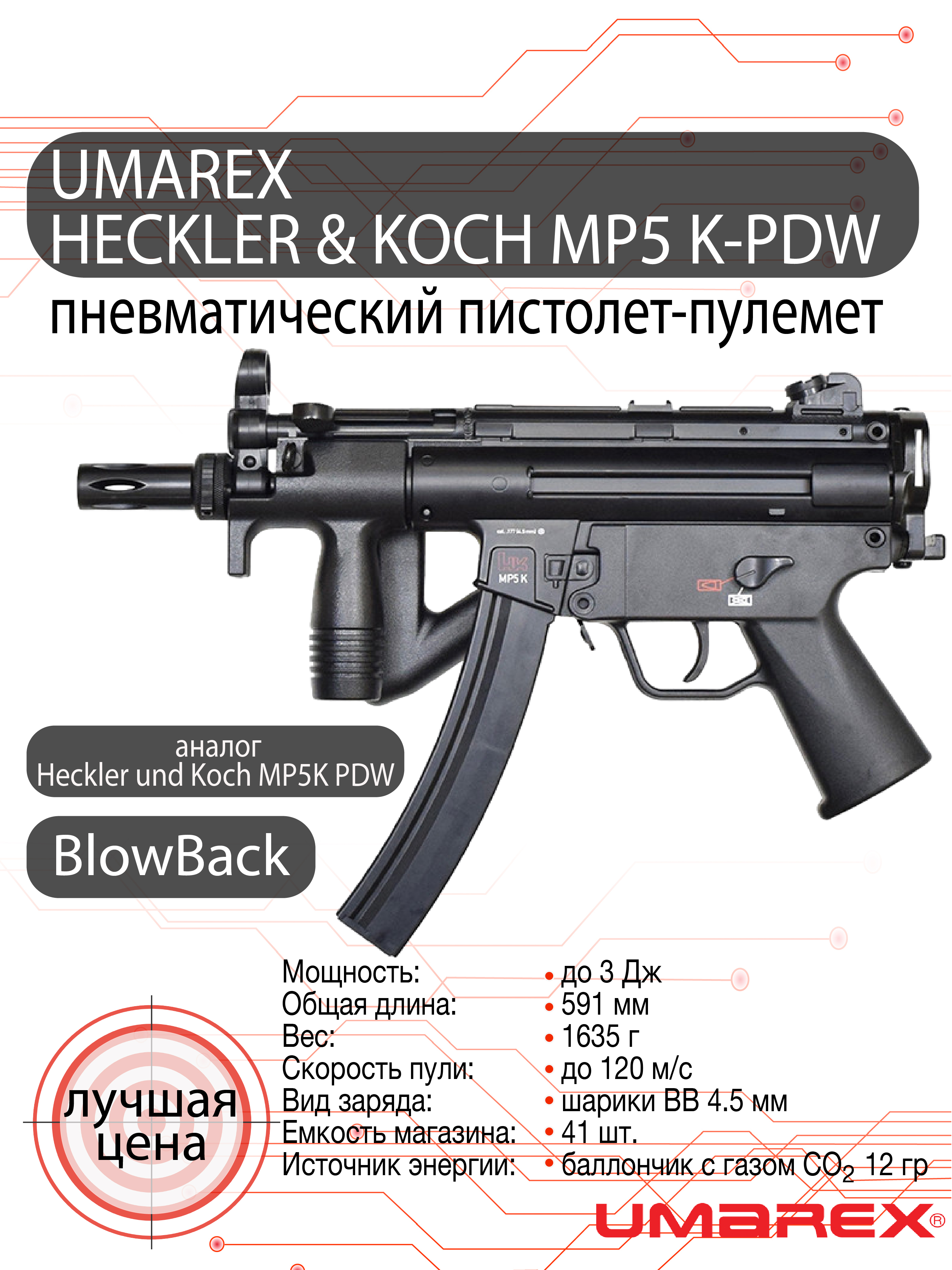 Пневматический пистолет-пулемет UMAREX Heckler & Koch MP5 K-PDW 4,5мм 3J