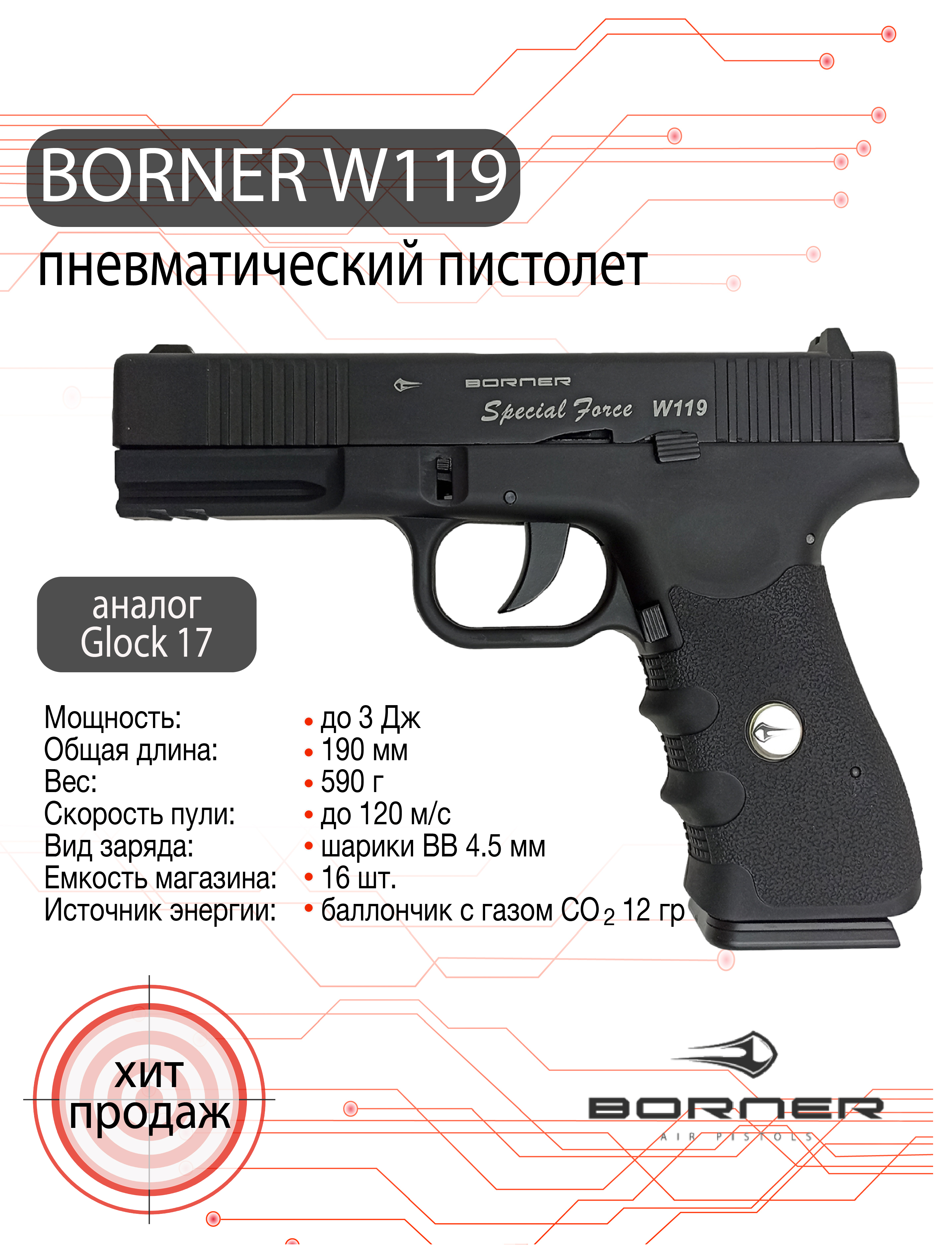 Пистолет пневматический Borner W119 (аналог Glock 17)