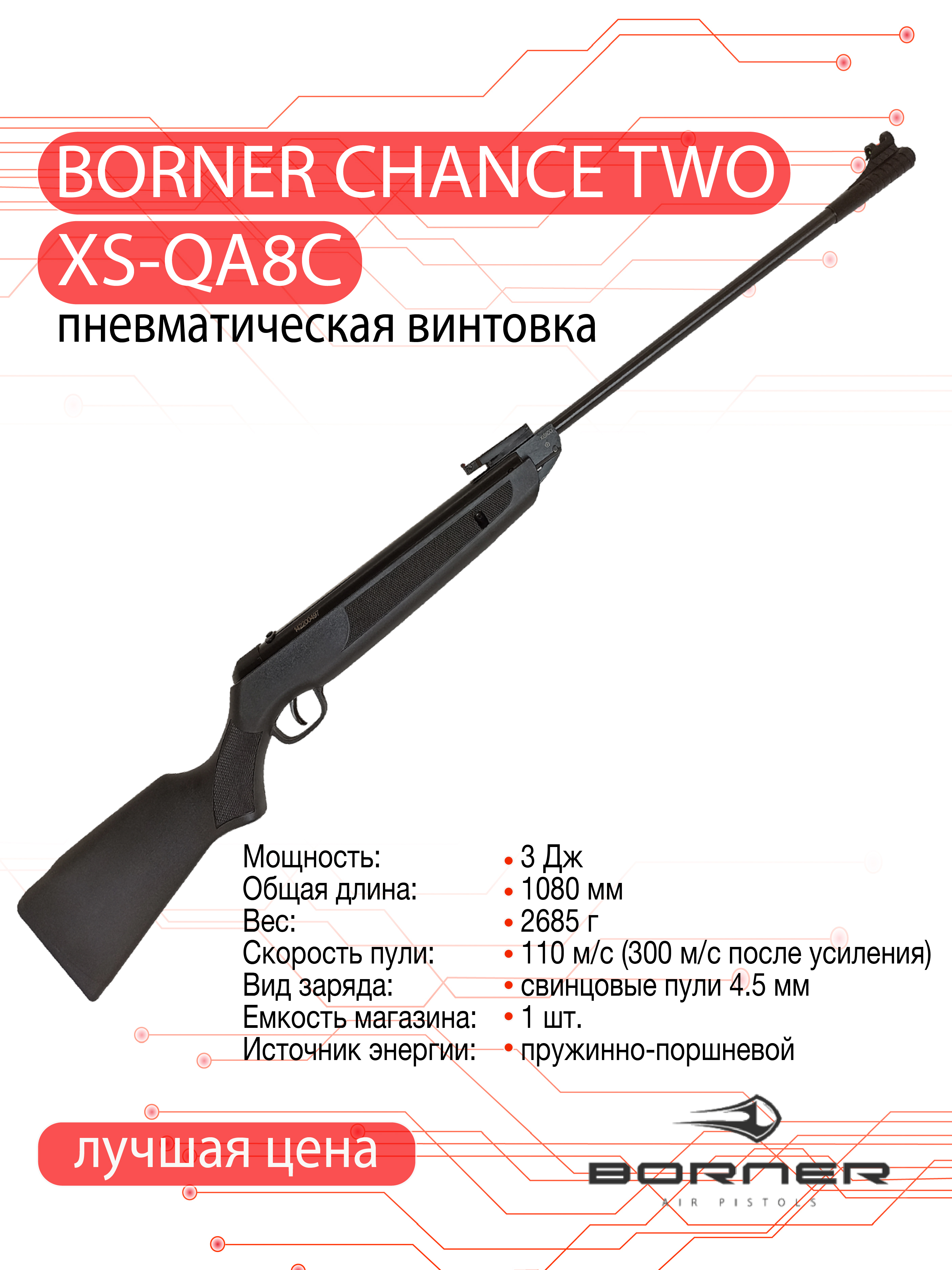 Винтовка пневматическая Borner Chance Two (пластик, Black, XS-QA8C) кал. 4.5 мм, 3 Дж.